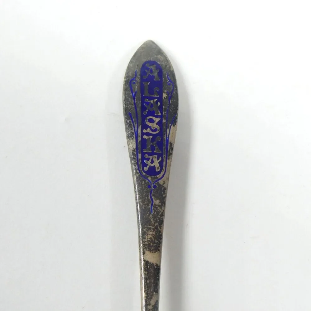 Alaska Sterling Silver Souvenir Spoon w/ Blue Enamel Art Deco Vintage